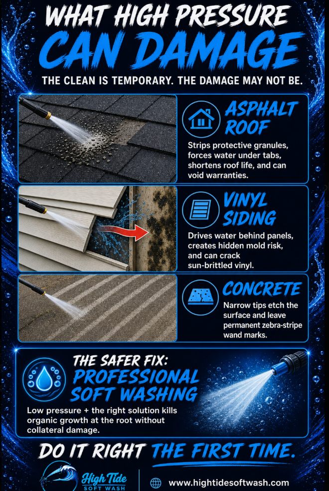 What high pressure can damage: asphalt roofs, vinyl siding, and concrete, and why soft washing is the safer fix
