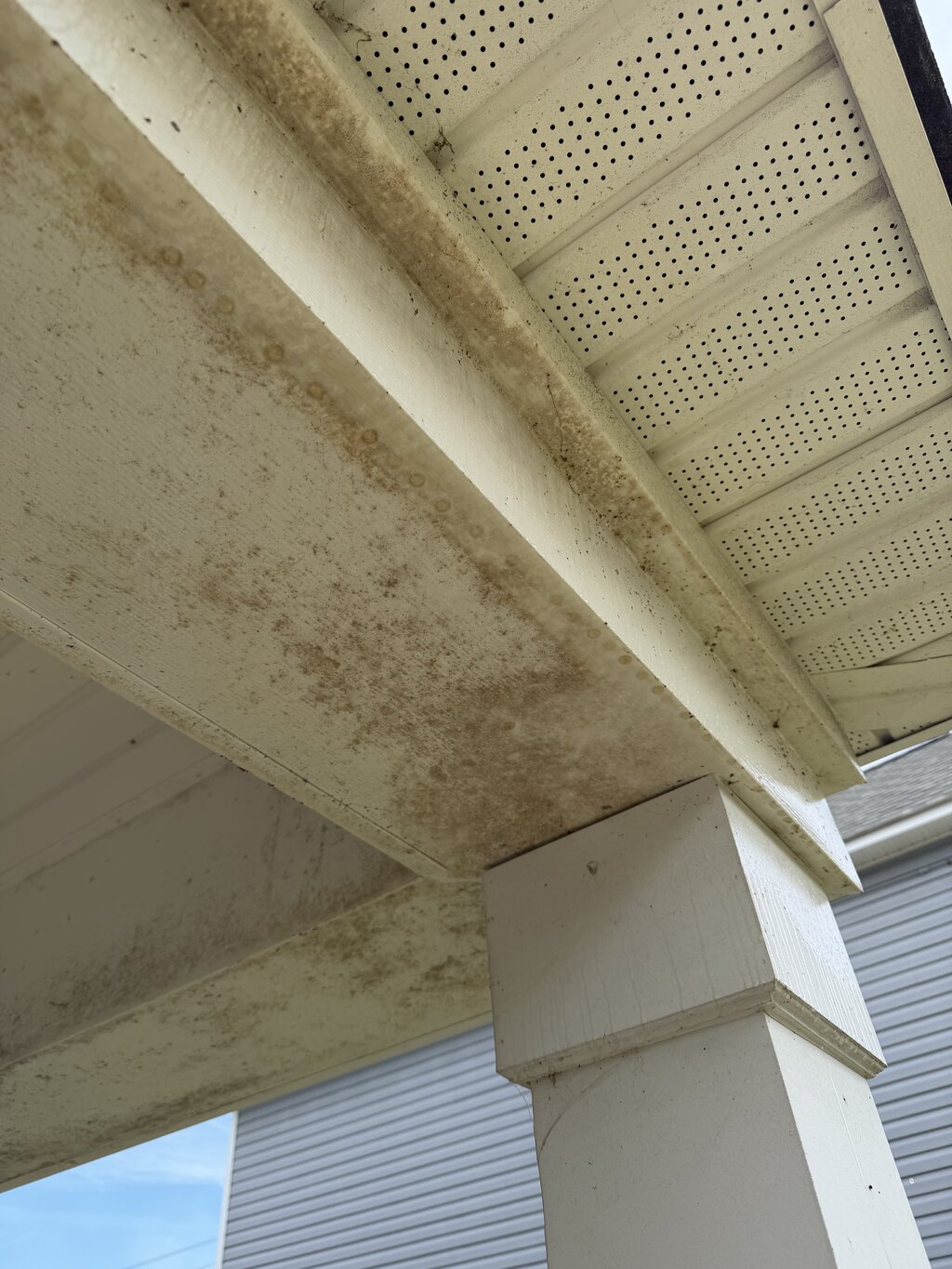 Overhead surface before soft washing — dark staining