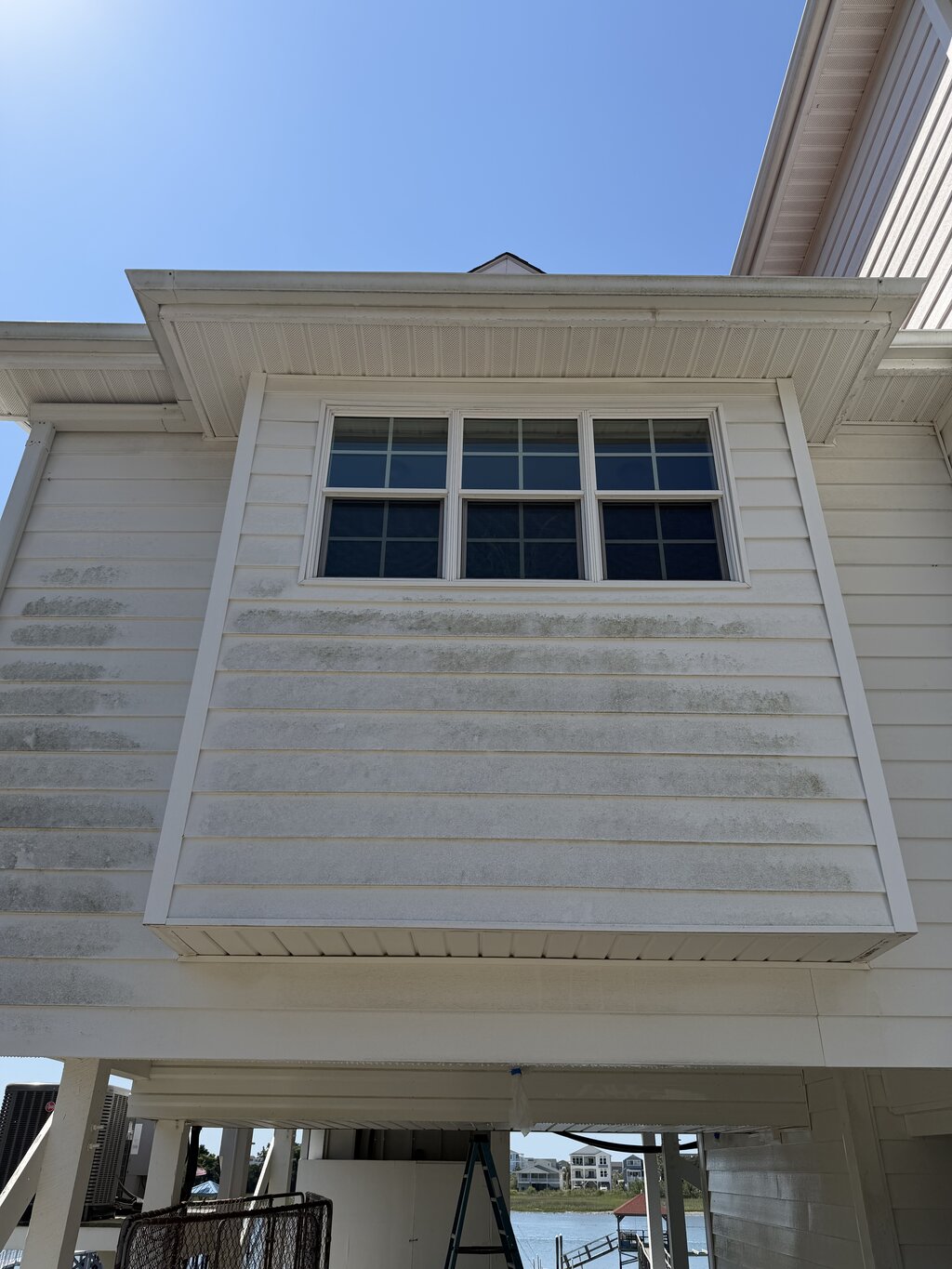 House siding before soft washing — heavy mildew buildup