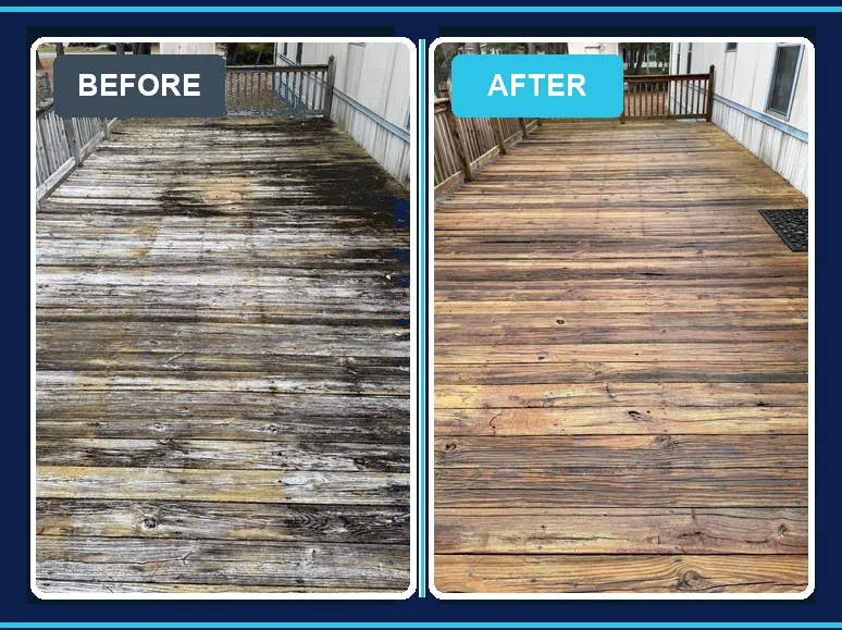 Wooden porch soft washing before and after